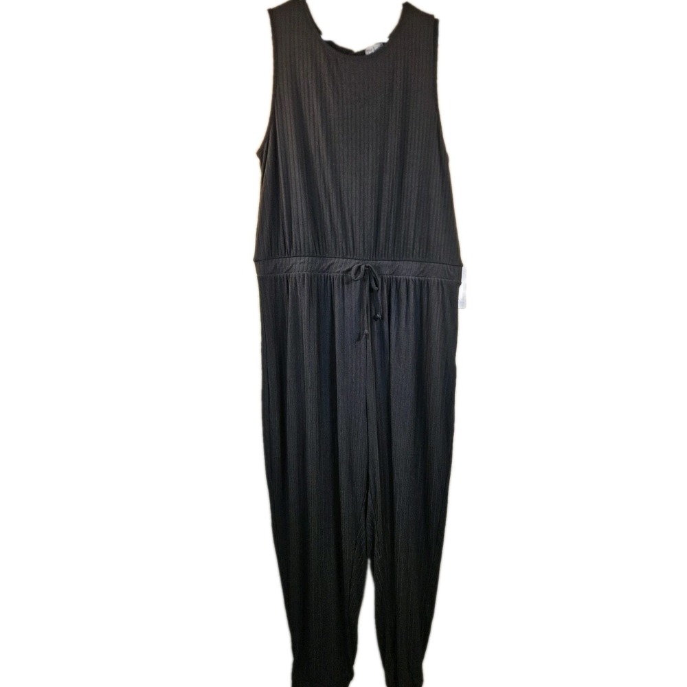 J for Justify Women's 2X Black Ribbed Sleeveless Jumpsuit Drawstring Plus Size